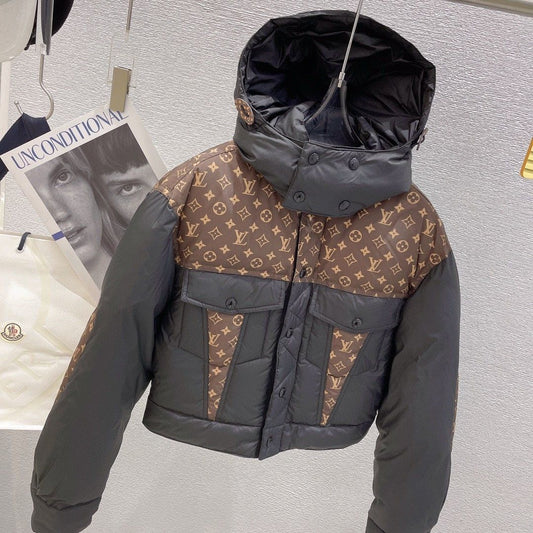 Hooded Stitching Presbyopia Short Down Jacket Casual Warm Plus Velvet Versatile Down Jacket Female Autumn and Winter New